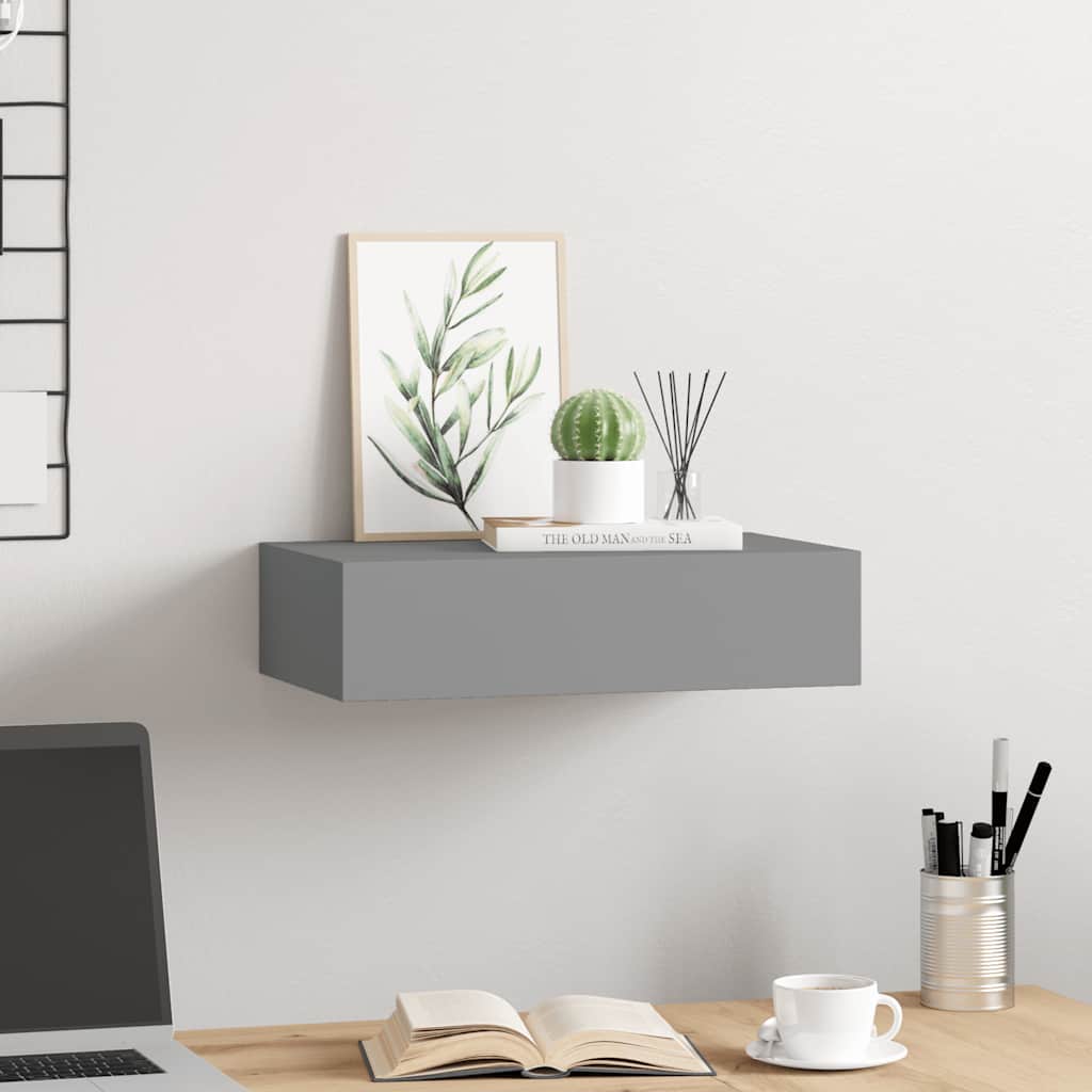 Wall shelf with drawer, gray, 40x23.5x10cm, MDF