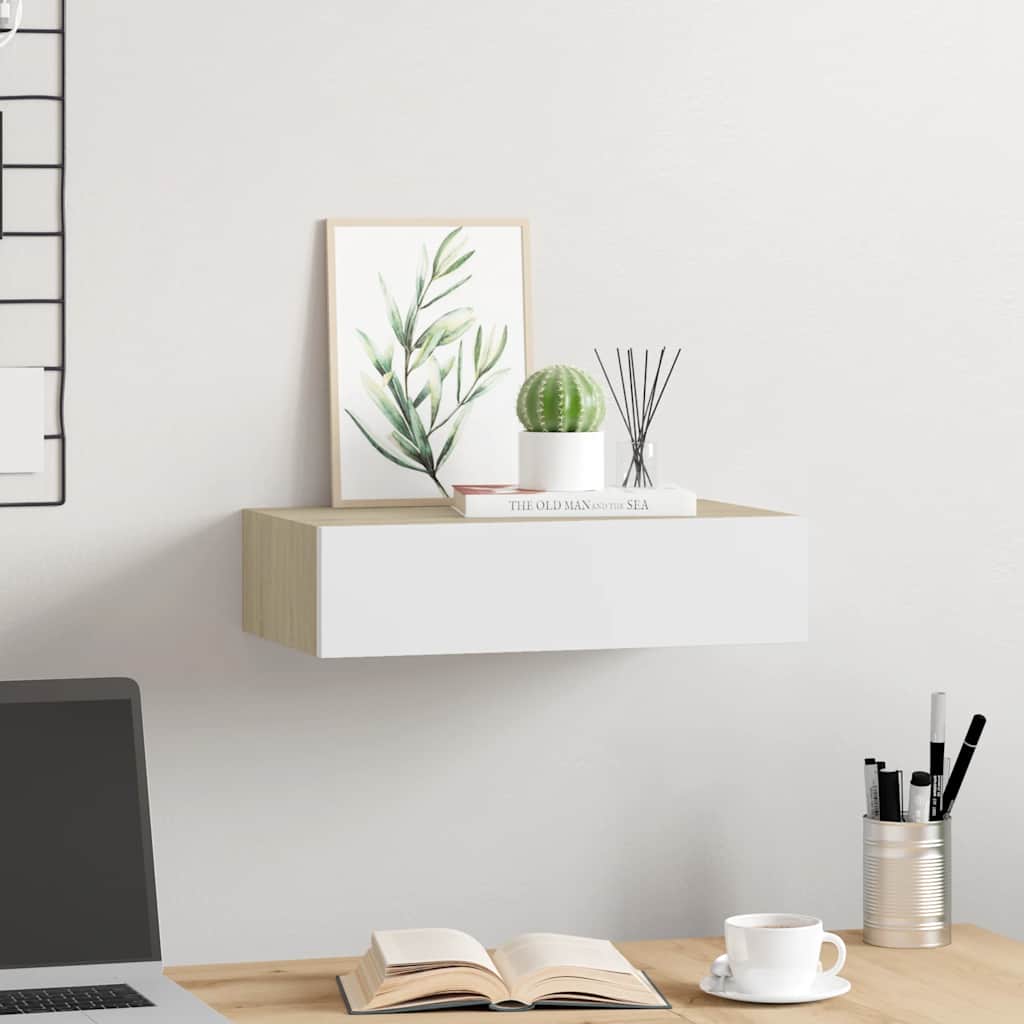 Sienas plaukts ar atvilktni, ozols/balts, 40x23,5x10cm, MDF
