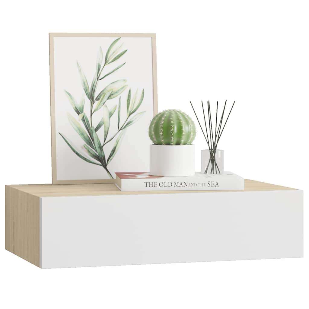 Sienas plaukts ar atvilktni, ozols/balts, 40x23,5x10cm, MDF
