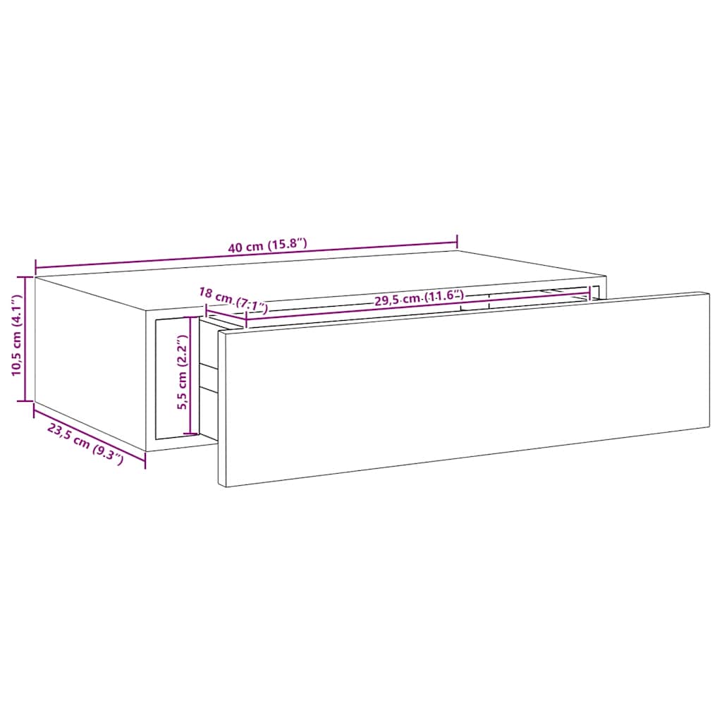 Sienas plaukts ar atvilktni, ozols/balts, 40x23,5x10cm, MDF