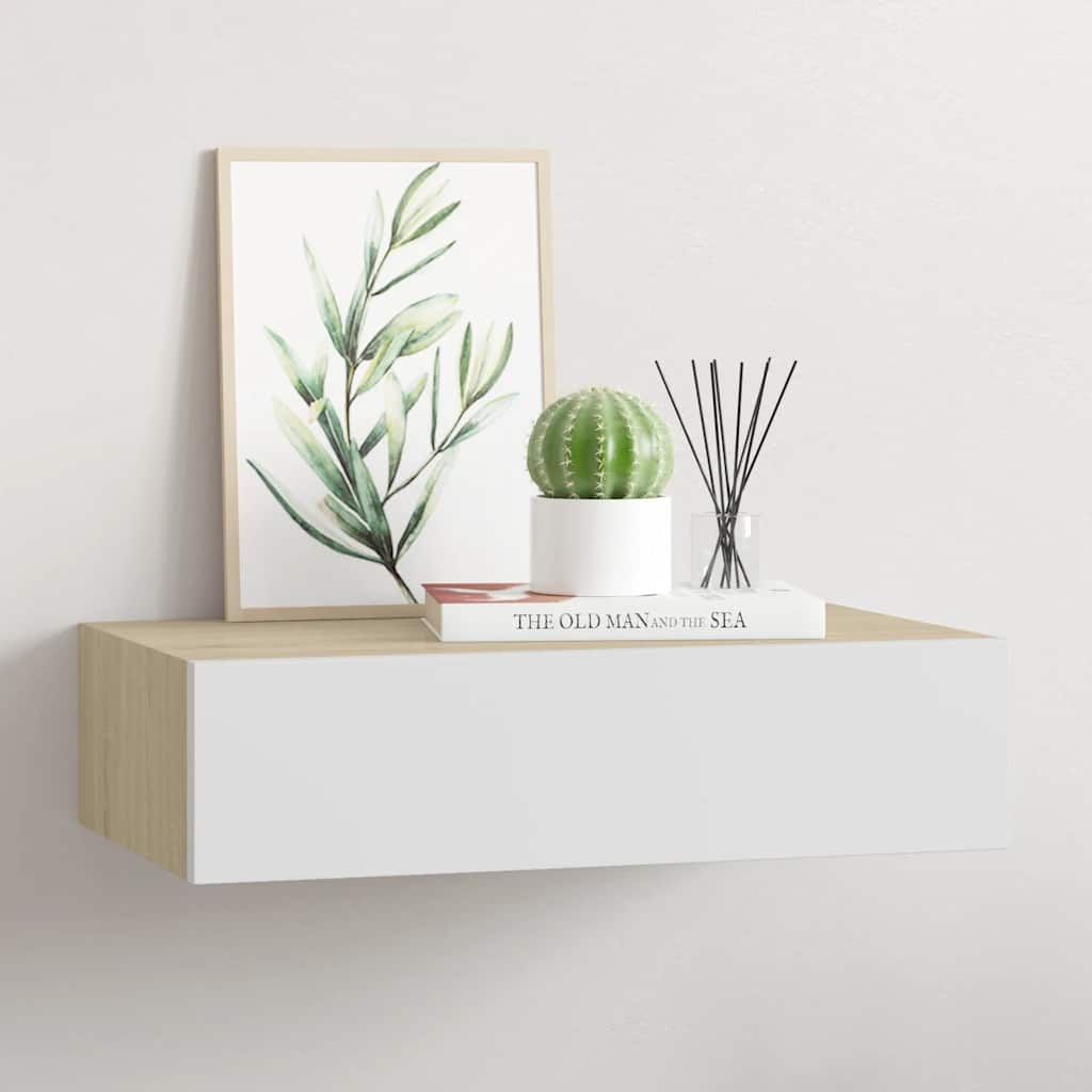 Sienas plaukts ar atvilktni, ozols/balts, 40x23,5x10cm, MDF