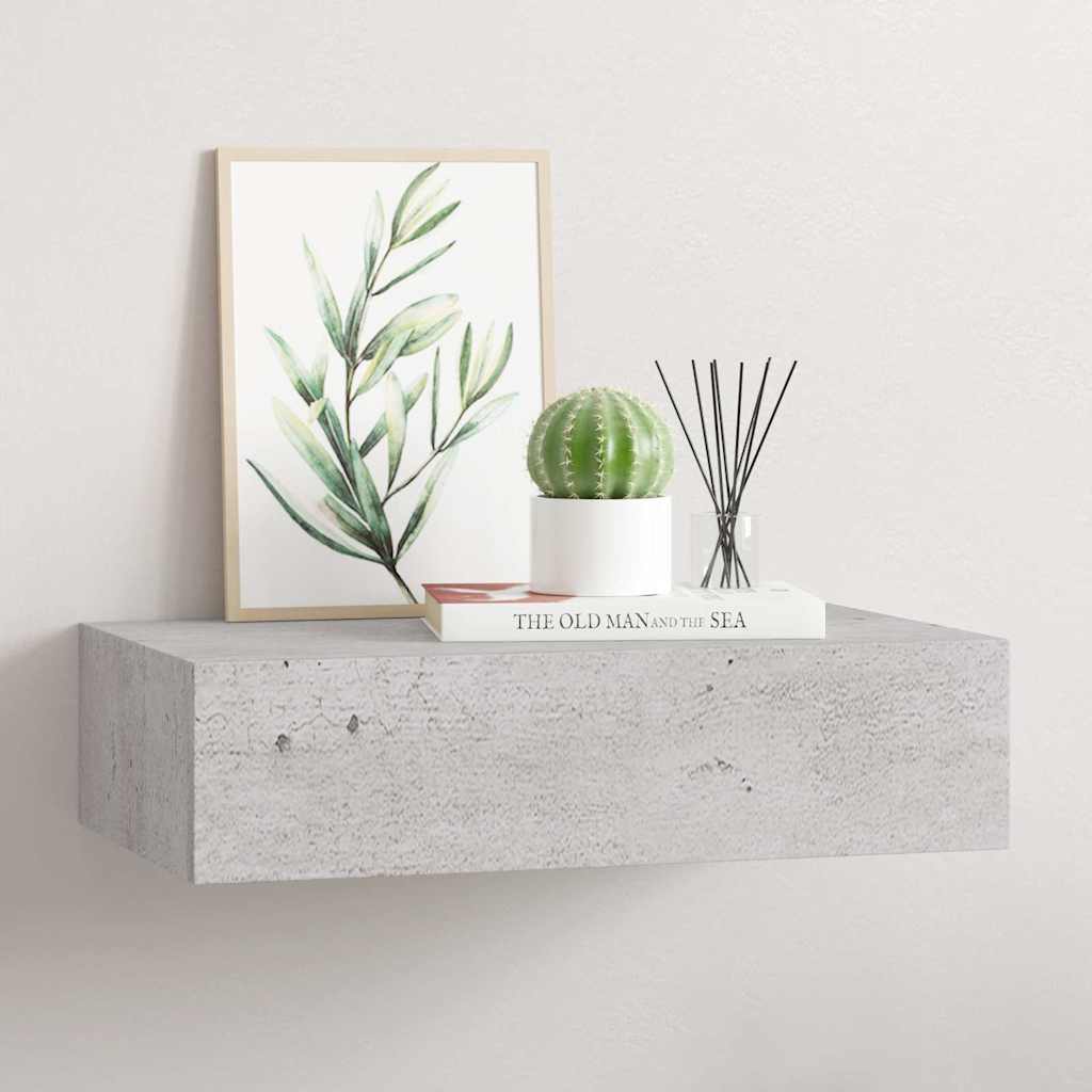 Sieninė lentyna su stalčiumi, betono pilka, 40x23,5x10cm, MDF