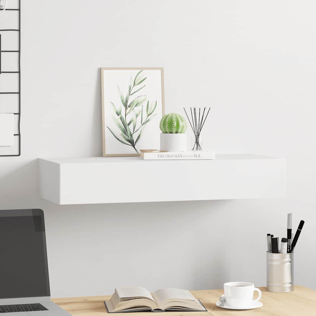 Wall shelf with drawer, white, 60x23.5x10cm, MDF