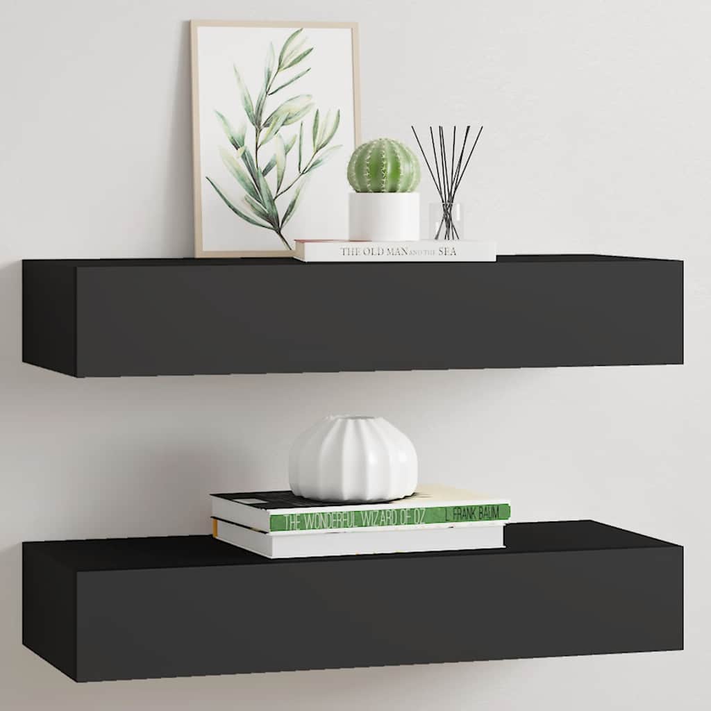 Lentynos su stalčiais, 2vnt., juodos, 60x23,5x10cm, MDF