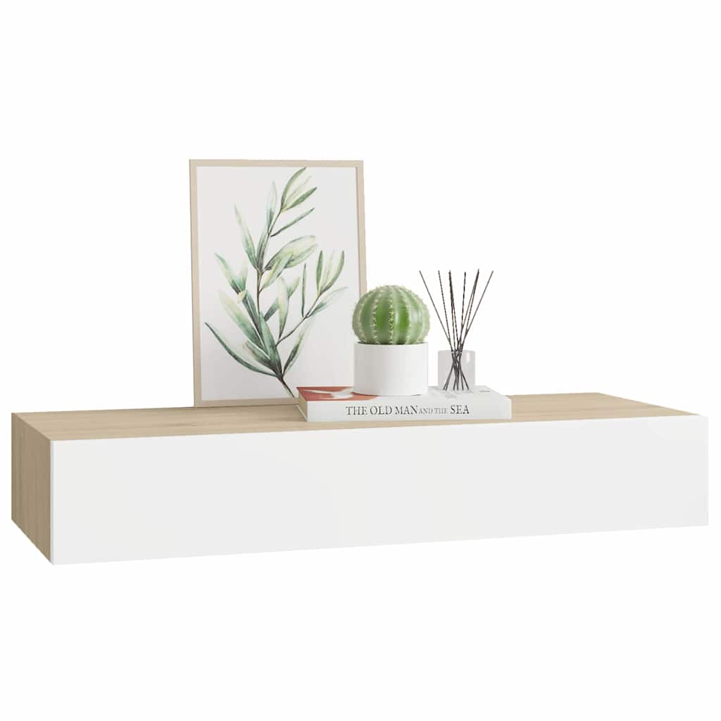 Pie sienas stiprināms plaukts ar atvilktnēm, ozolkoka un baltā krāsā, 60x23,5x10cm, MDF