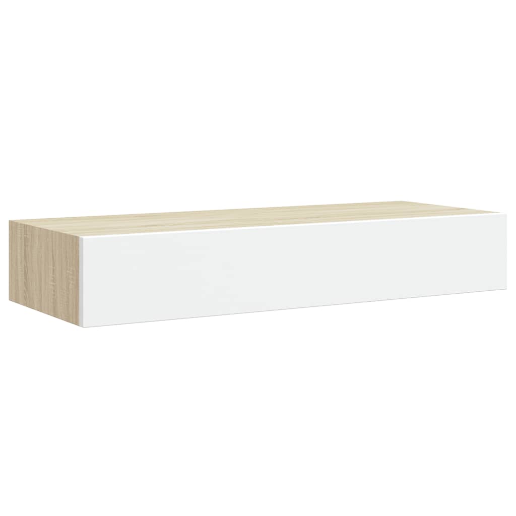 Pie sienas stiprināms plaukts ar atvilktnēm, ozolkoka un baltā krāsā, 60x23,5x10cm, MDF