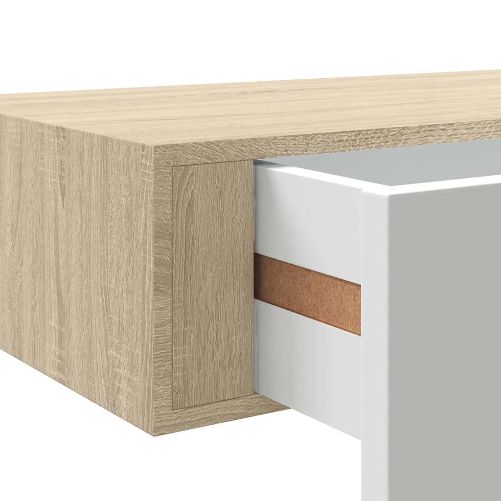 Pie sienas stiprināms plaukts ar atvilktnēm, ozolkoka un baltā krāsā, 60x23,5x10cm, MDF