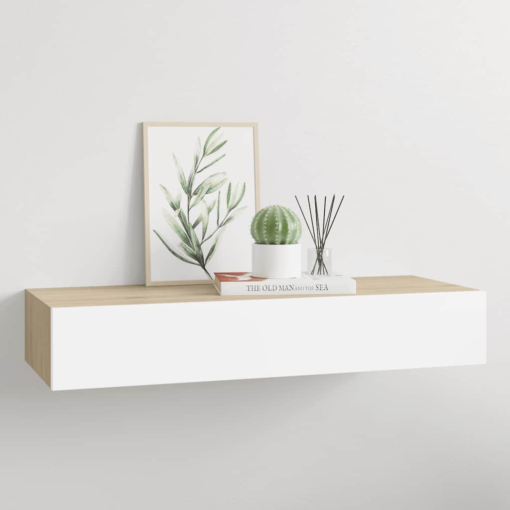 Pie sienas stiprināms plaukts ar atvilktnēm, ozolkoka un baltā krāsā, 60x23,5x10cm, MDF