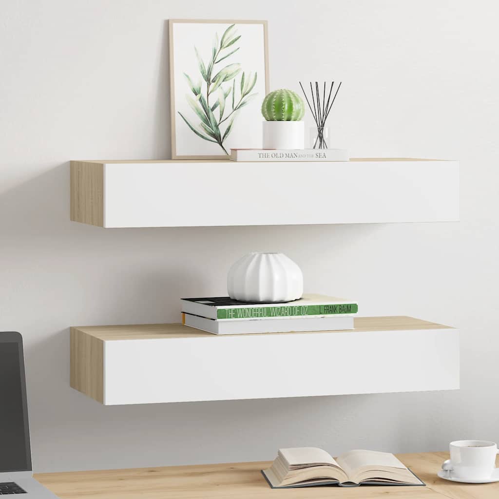 Sienas atvilktņu plaukti, 2 gab., ozola un baltā krāsā, 60x23,5x10cm, MDF