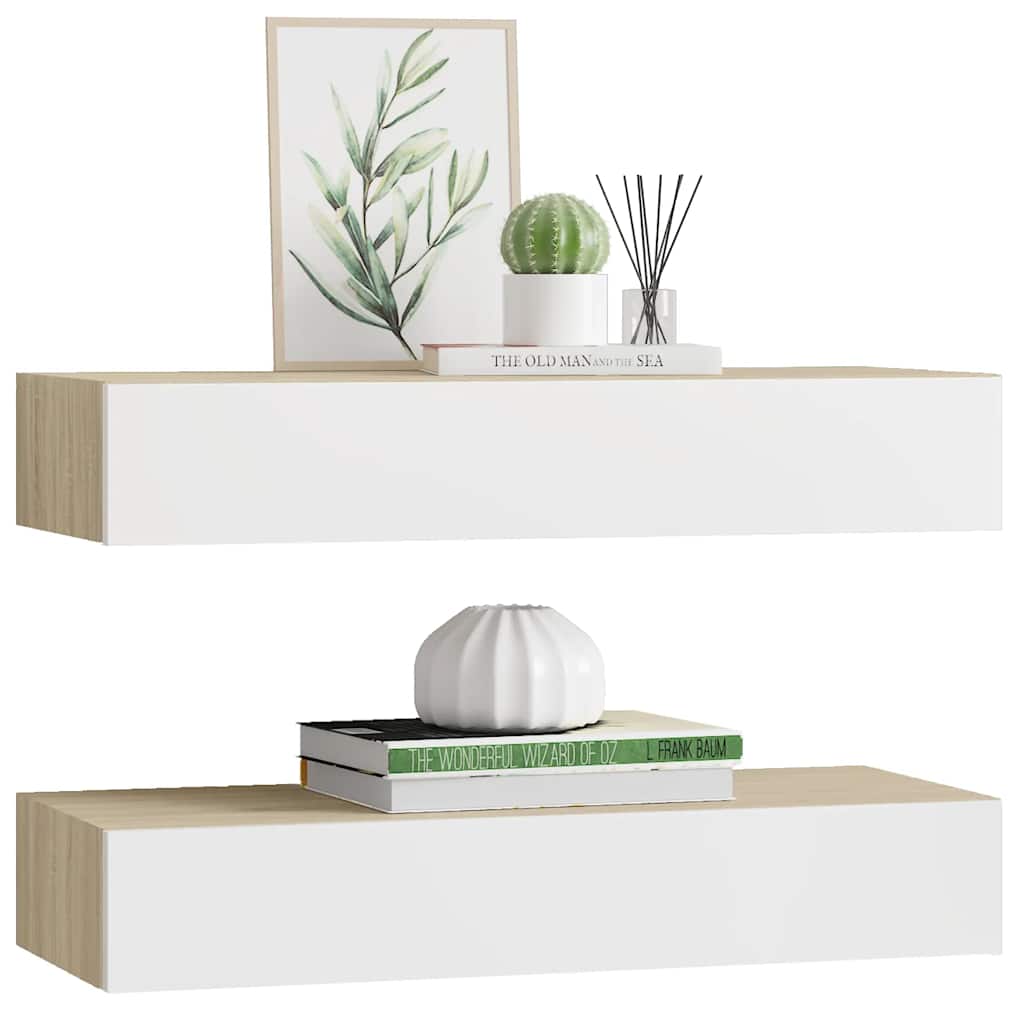 Sienas atvilktņu plaukti, 2 gab., ozola un baltā krāsā, 60x23,5x10cm, MDF