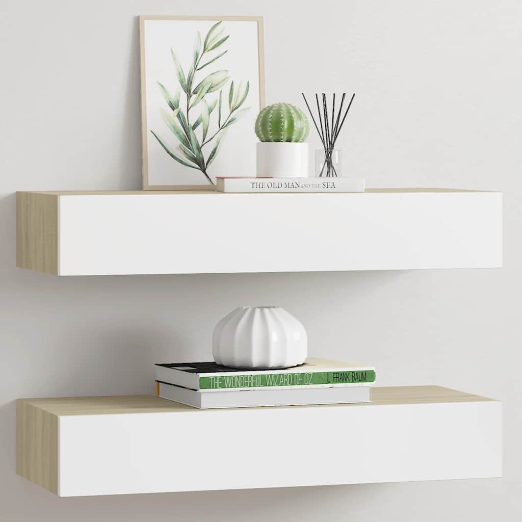 Sienas atvilktņu plaukti, 2 gab., ozola un baltā krāsā, 60x23,5x10cm, MDF