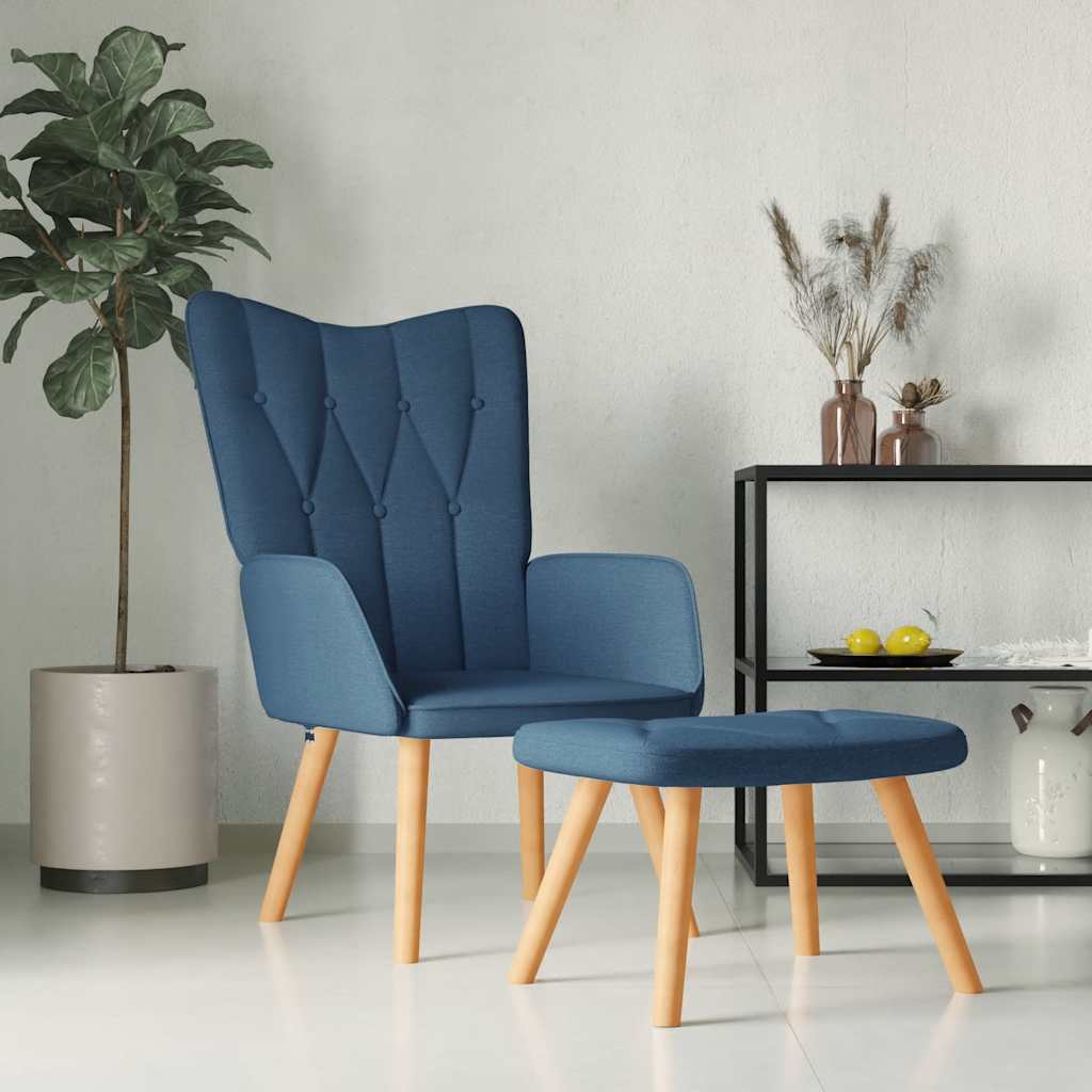 Recliner chair with footrest, blue, fabric