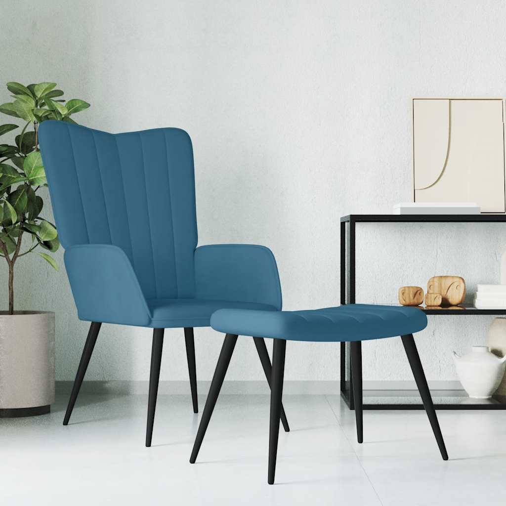 Recliner armchair with footrest, blue, velvet