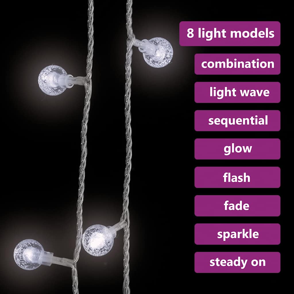 Ball garland, 20m, 200 cold white LEDs, 8 functions