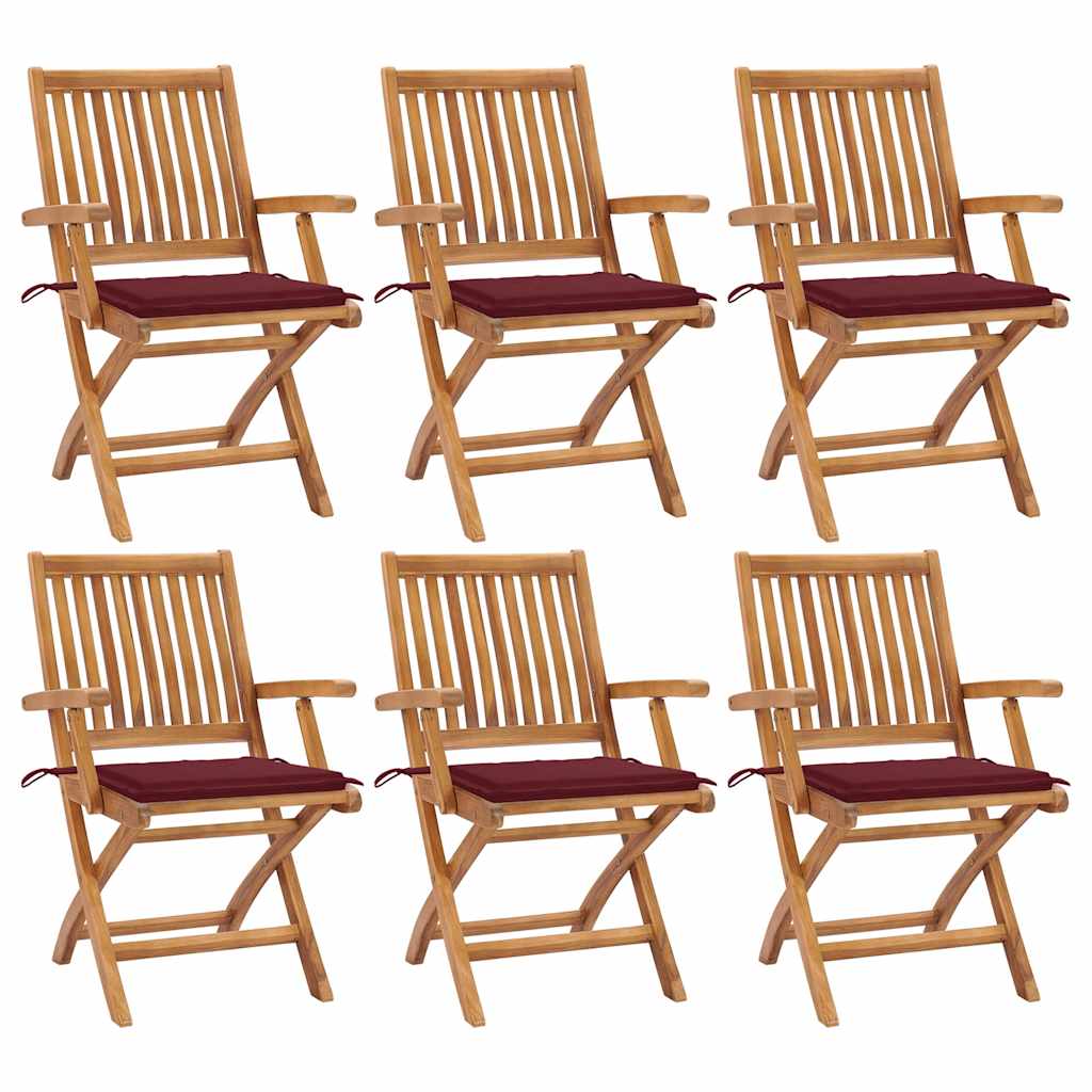 Folding garden chairs with cushions, 6 pcs, teak