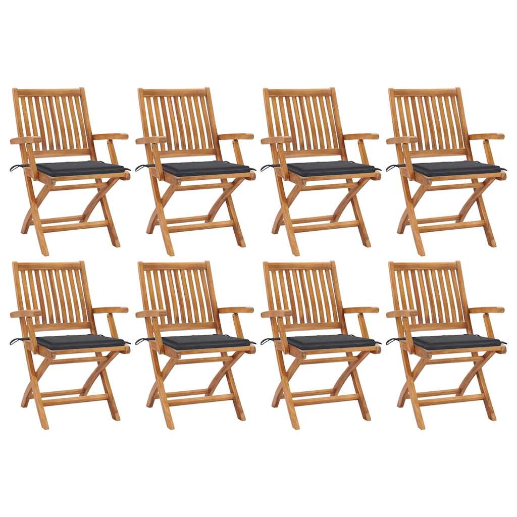 Folding garden chairs with cushions, 8 pcs, teak