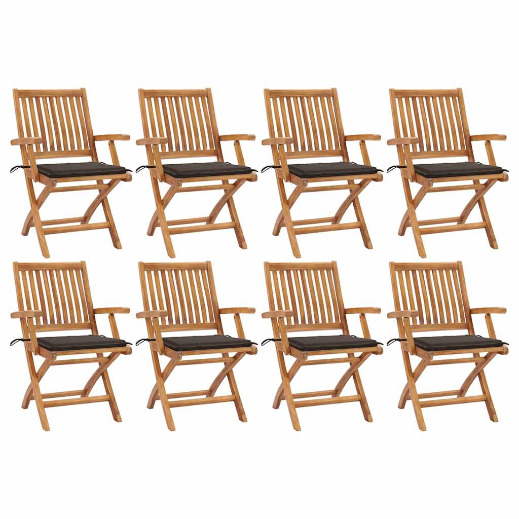 Folding garden chairs with cushions, 8 pcs, teak