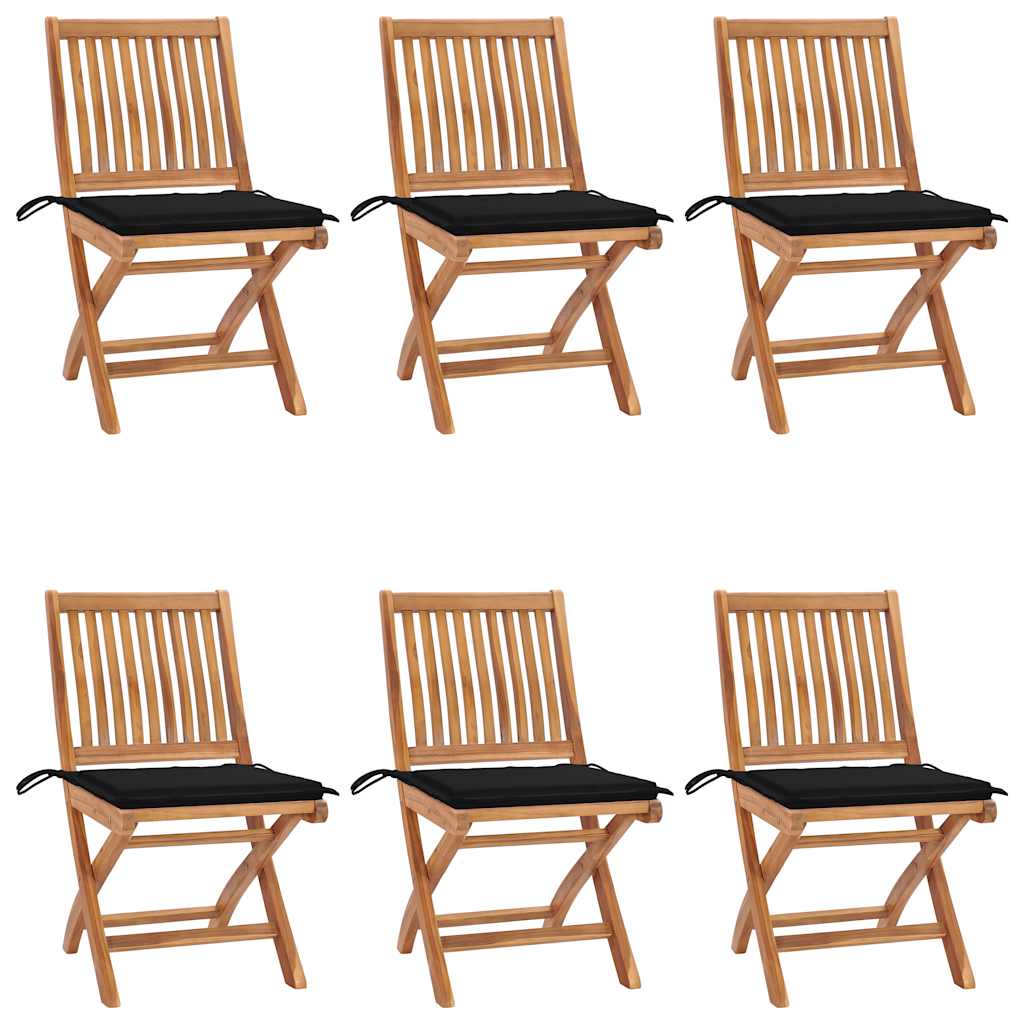 Folding garden chairs with cushions, 6 pcs, teak