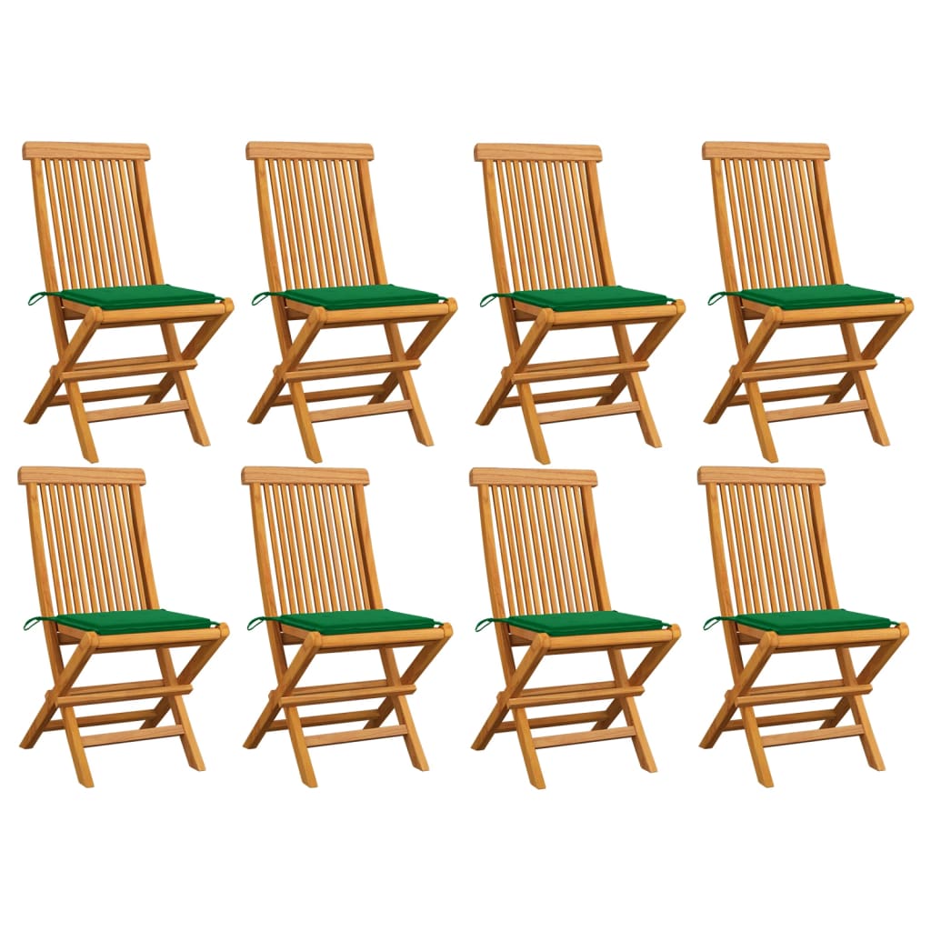 Garden chairs with green cushions, 8 pcs., solid teak wood