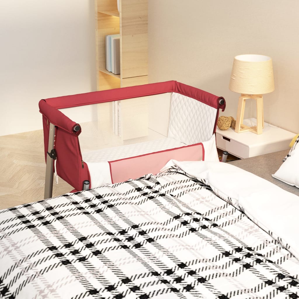 Baby bed with mattress, red color, linen fabric