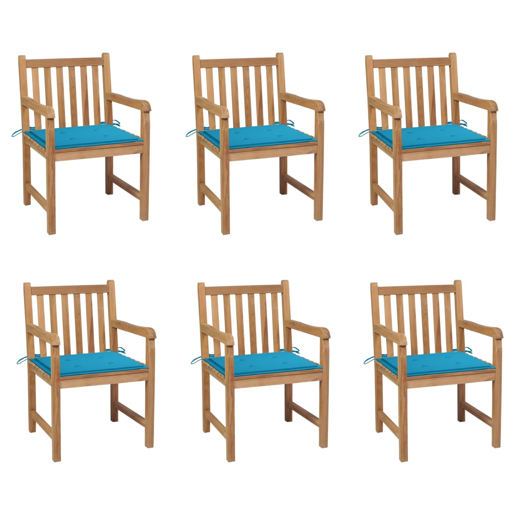 Garden chairs with blue cushions, 6 pcs., teak