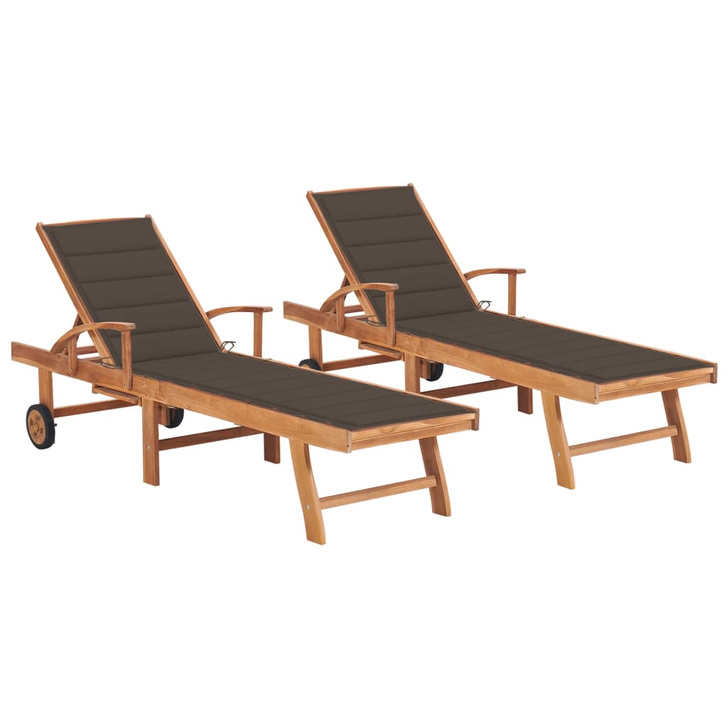 Sun loungers with taupe cushions, 2 pcs., teak