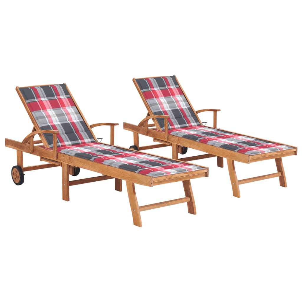 Sun loungers with checkered cushions, 2 pcs., teak