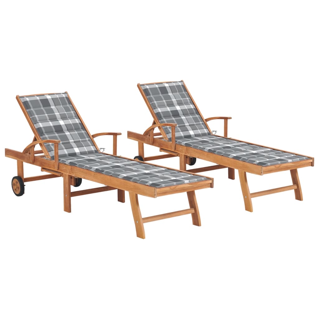 Sun loungers with checkered cushions, 2 pcs., teak