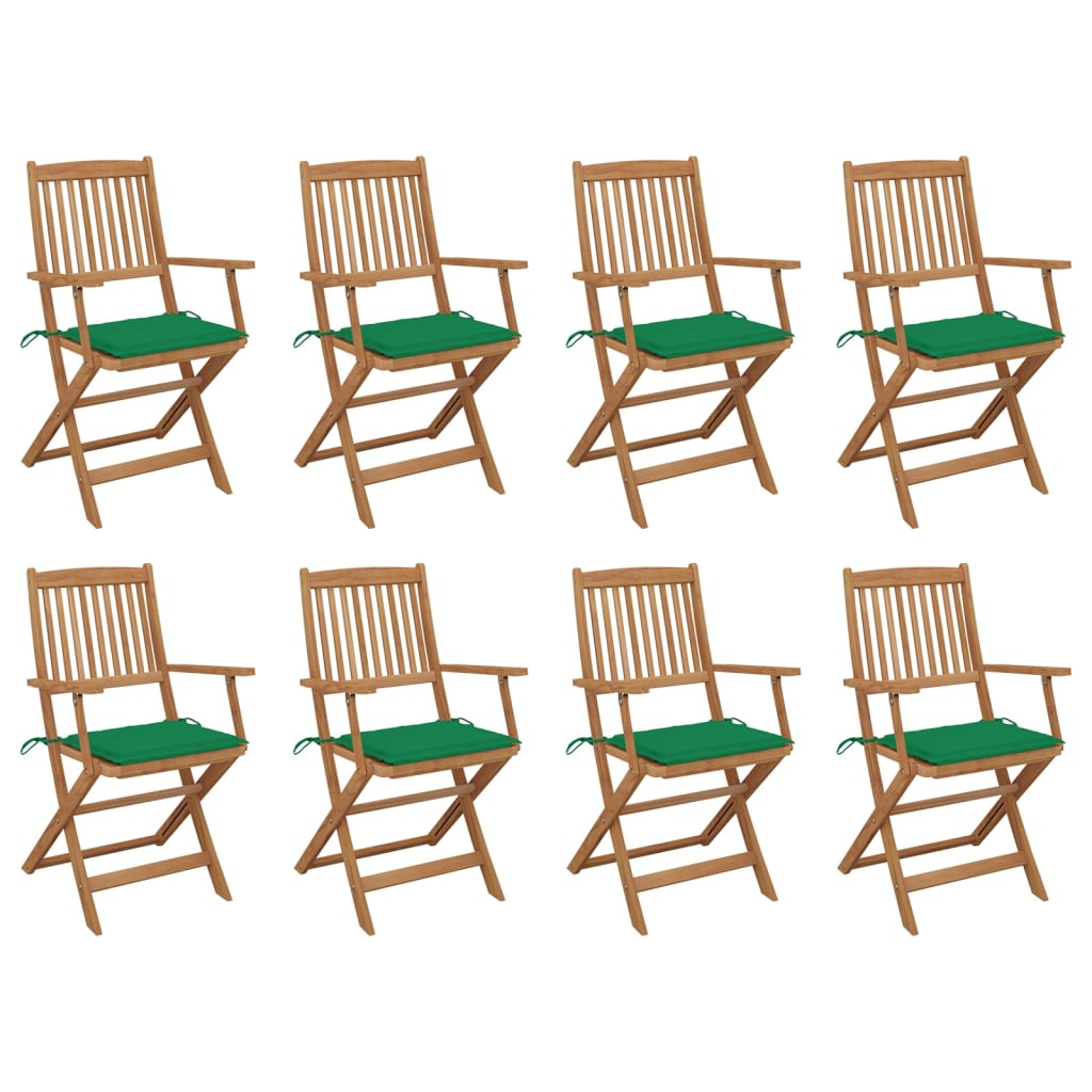 Folding outdoor chairs with cushions, 8 pcs, acacia