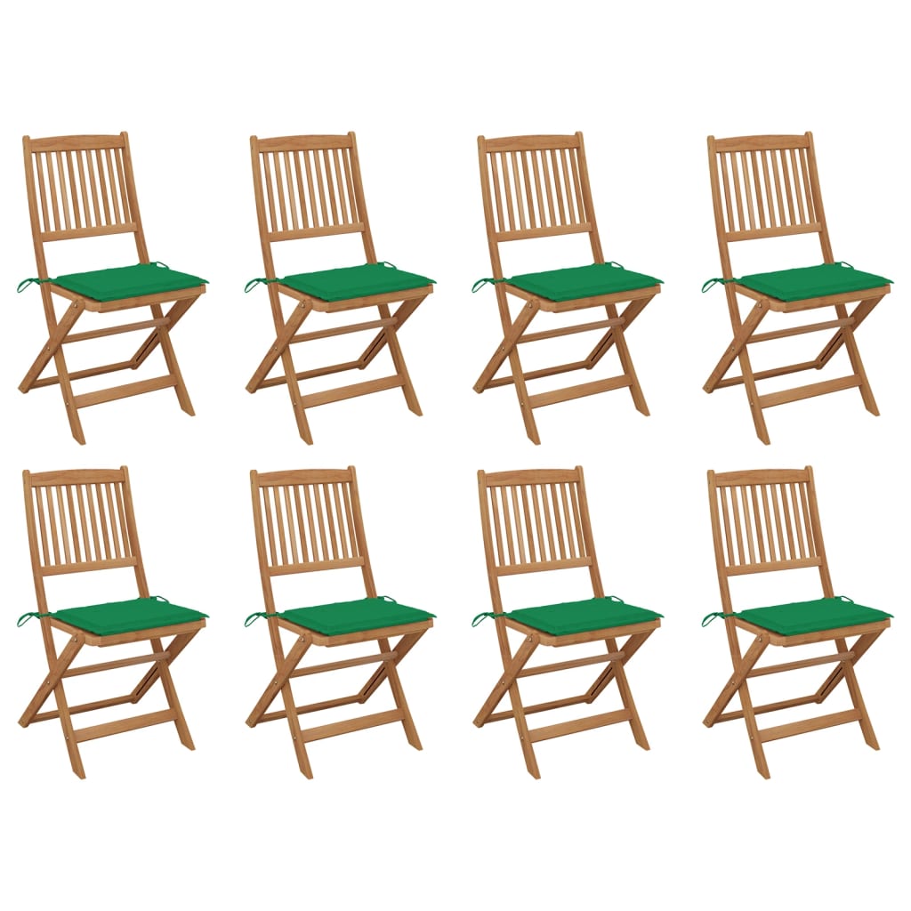 Folding outdoor chairs with cushions, 8 pcs, acacia
