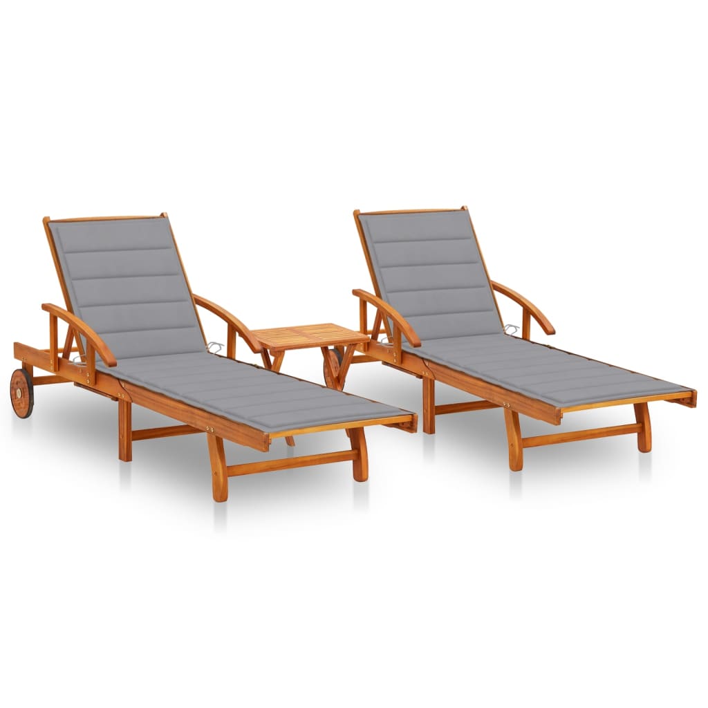 Acacia sun loungers with a table and mattresses, 2 pcs.
