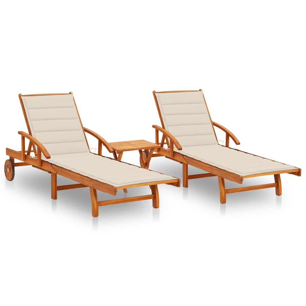 Acacia sun loungers with a table and mattresses, 2 pcs.