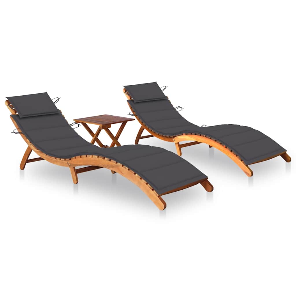 Acacia sun loungers with a table and mattresses, 2 pcs.