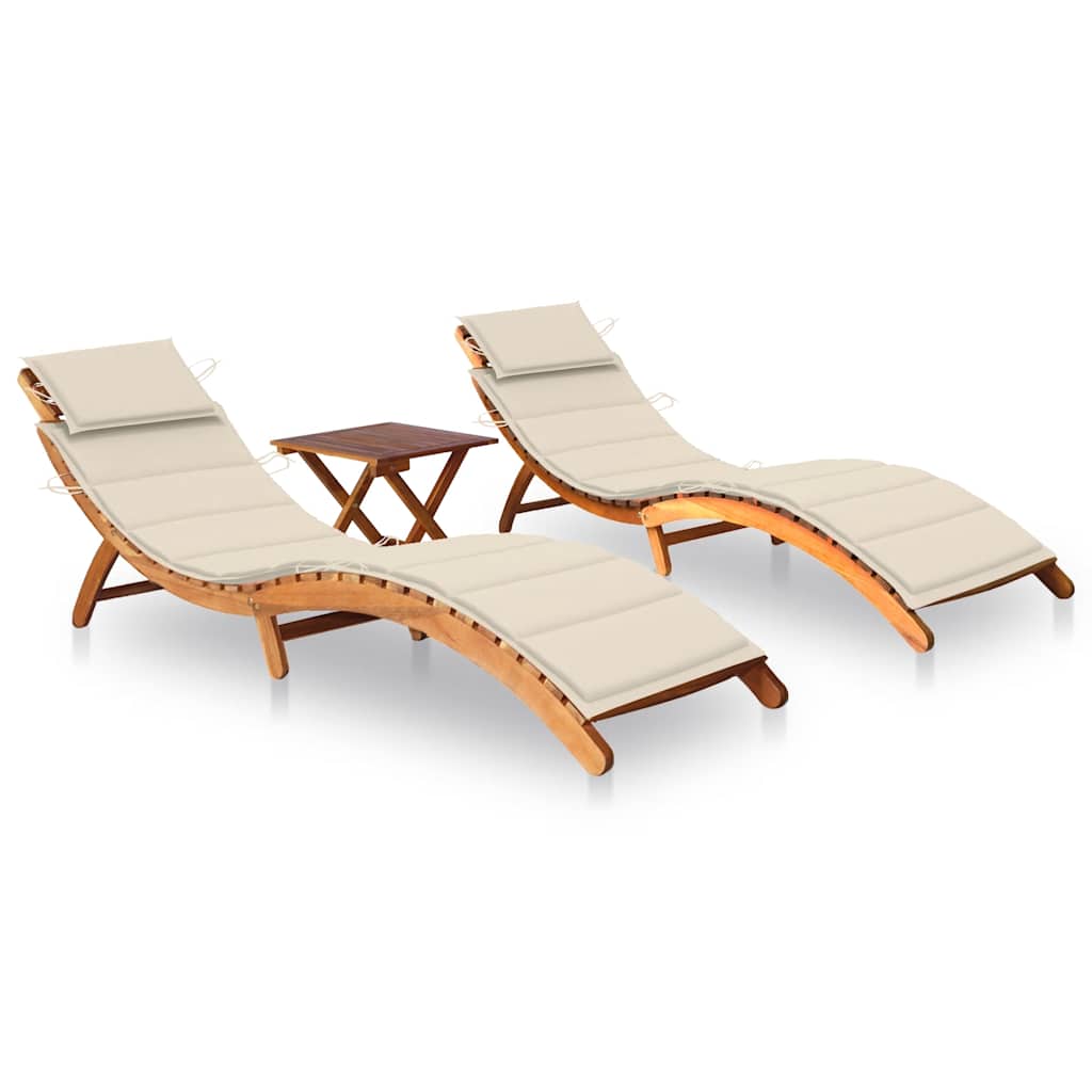 Acacia sun loungers with a table and mattresses, 2 pcs.