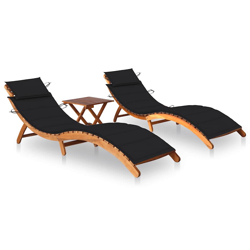 Acacia sun loungers with a table and mattresses, 2 pcs.