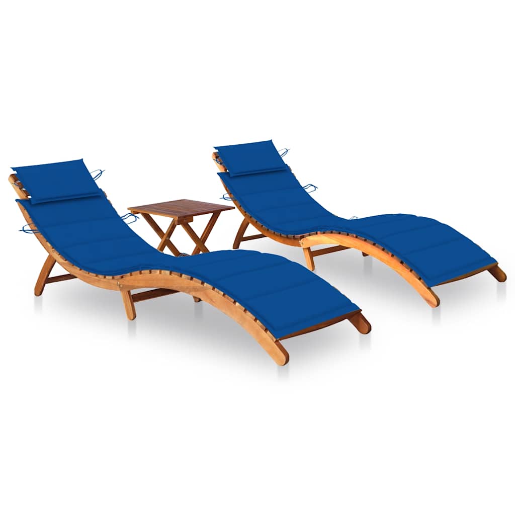 Acacia sun loungers with a table and mattresses, 2 pcs.