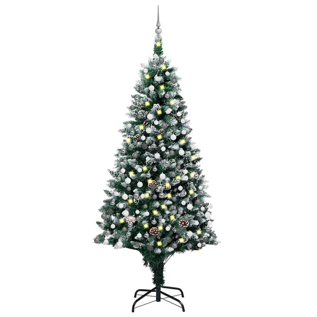 Mākslīgā Ziemassvētku eglīte ar LED gaismām, bumbiņu un čiekuru komplektu, 210 cm