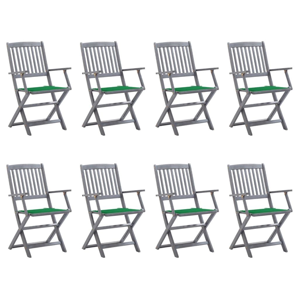 Folding outdoor chairs with cushions, 8 pcs, acacia