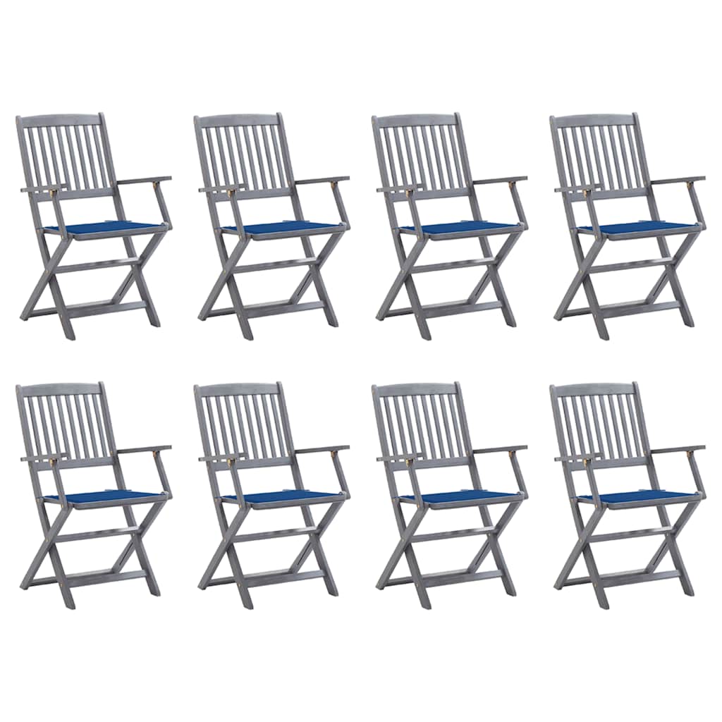 Folding outdoor chairs with cushions, 8 pcs, acacia