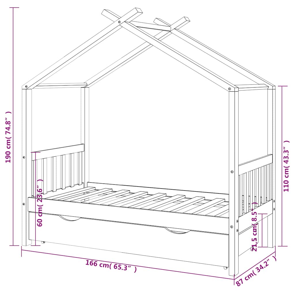 Children's bed frame with drawer, 80x160cm, solid pine