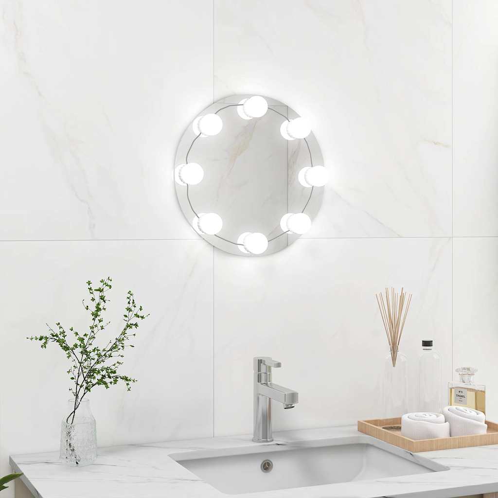 Wall mirror with LED lights, round, glass