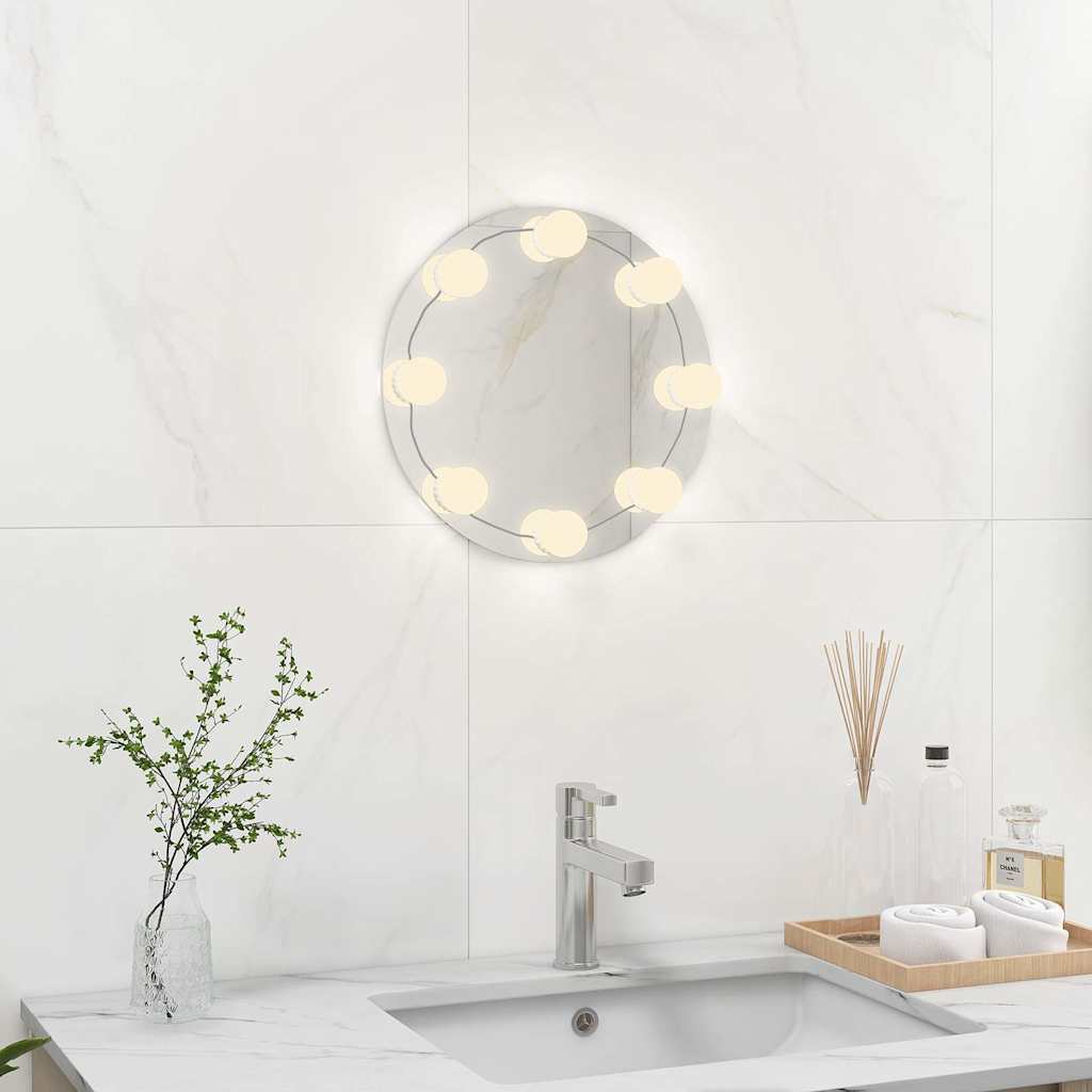 Wall mirror with LED lights, round, glass