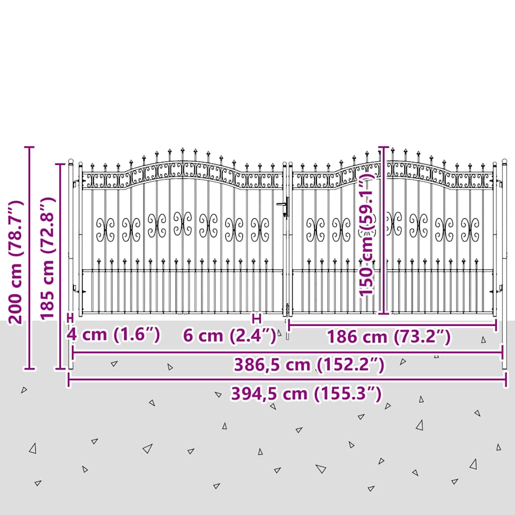 Tvoros vartai KAMPEN su ietimi viršuje, juodi, 394,5x150cm, plienas