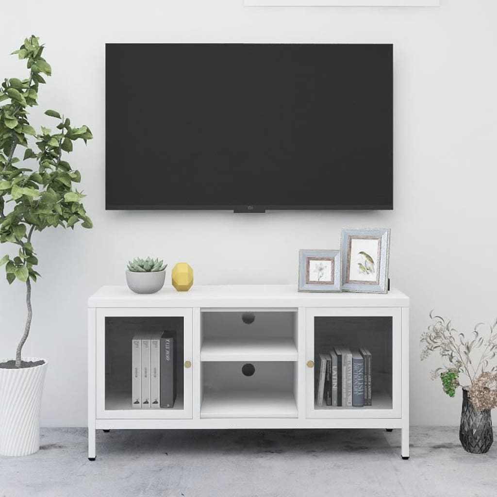 TV stand, white, 105x35x52cm, steel and glass