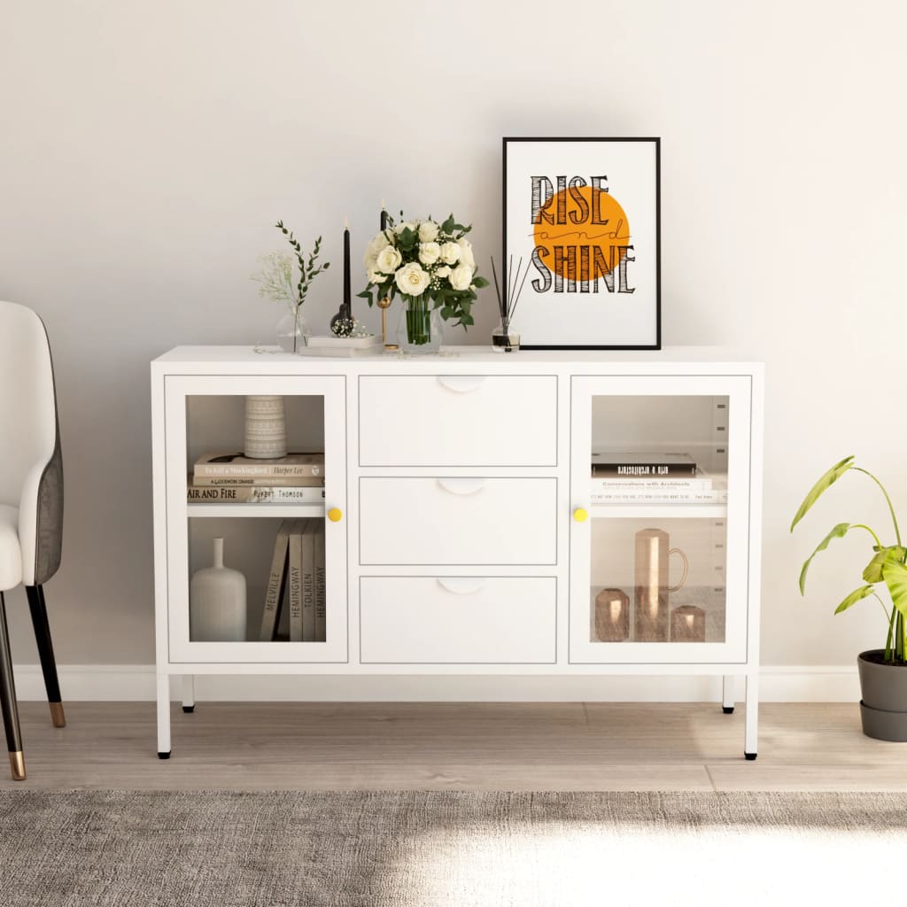 Sānu skapītis, balts, 105x35x70 cm, tērauds/rūdītais stikls