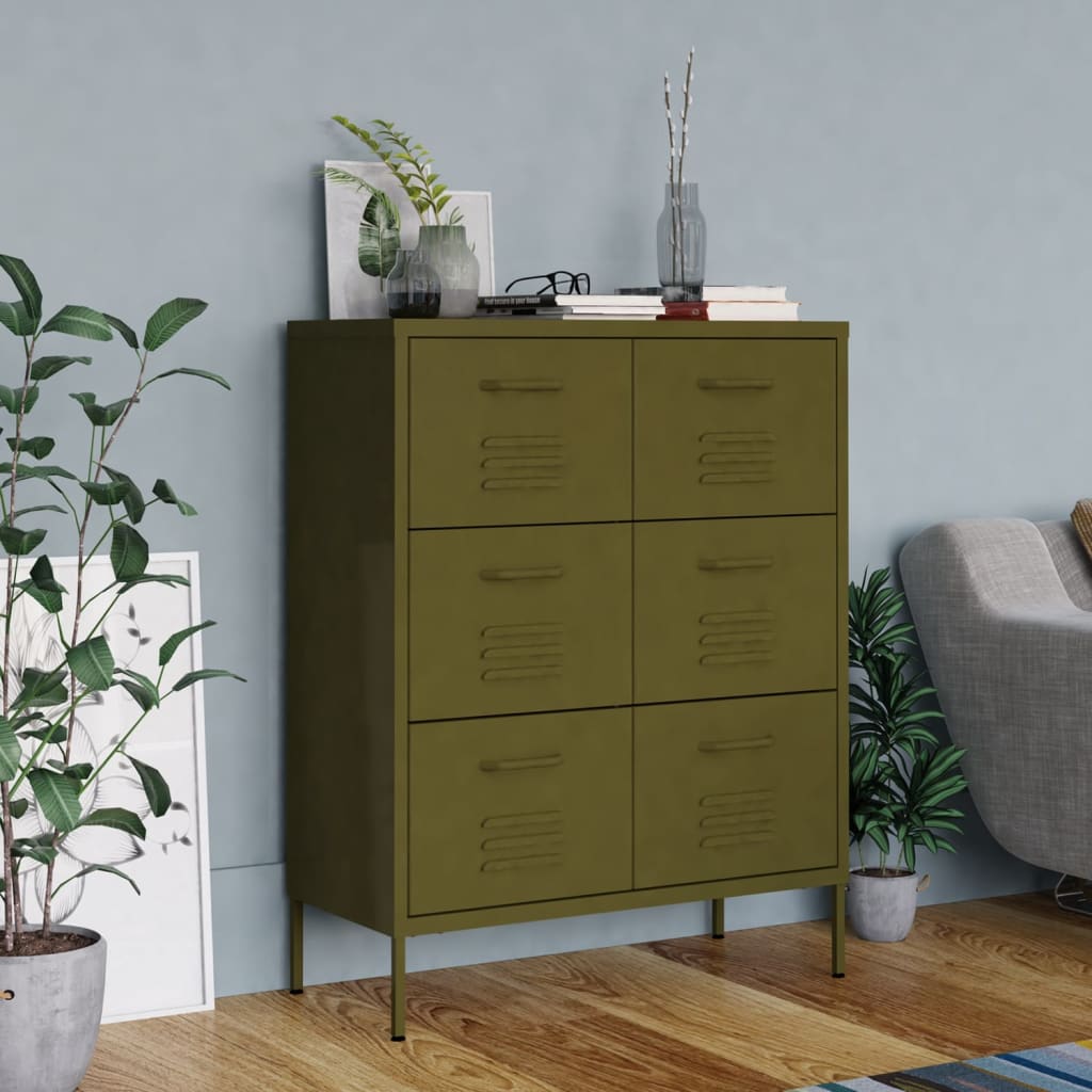 Drawer cabinet, olive green, 80x35x101.5cm, steel