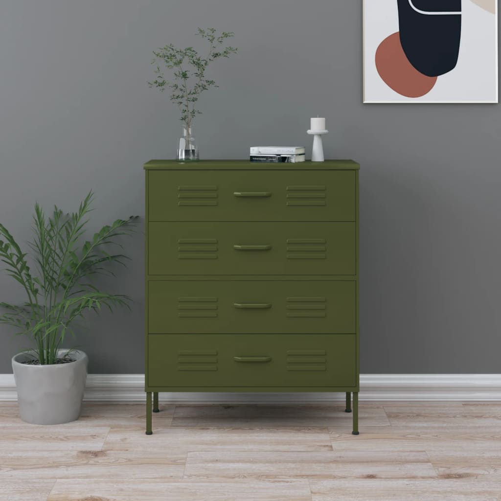 Chest of drawers, olive green, 80x35x101.5cm, steel