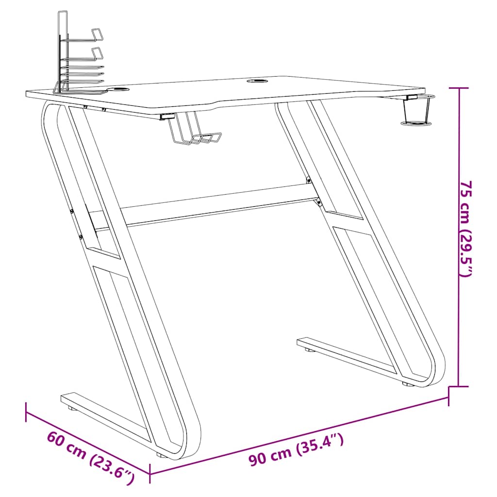 Gaming desk with ZZ-shaped legs, black, 90x60x75cm