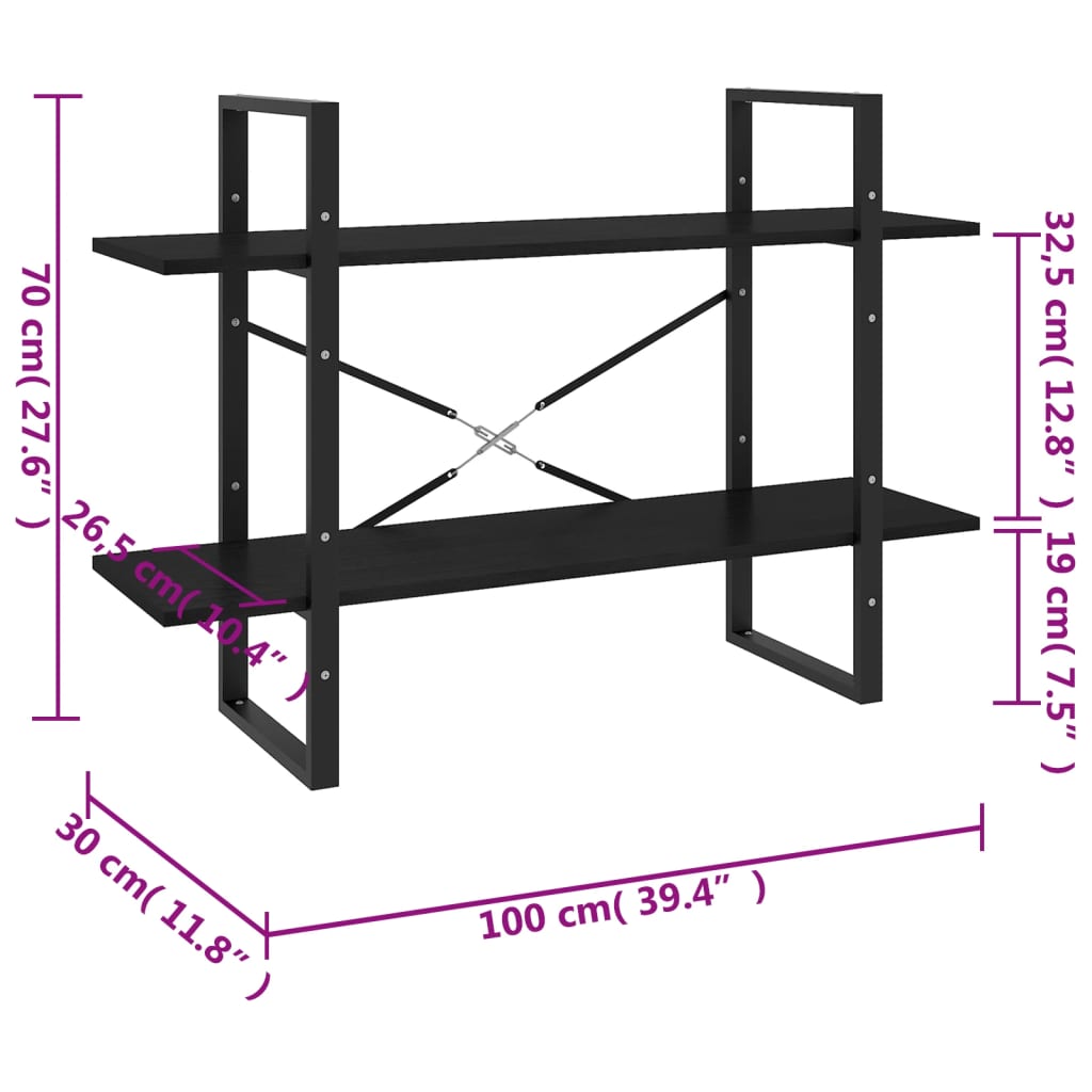 Book cabinet, 2 shelves, black, 100x30x70cm, pine