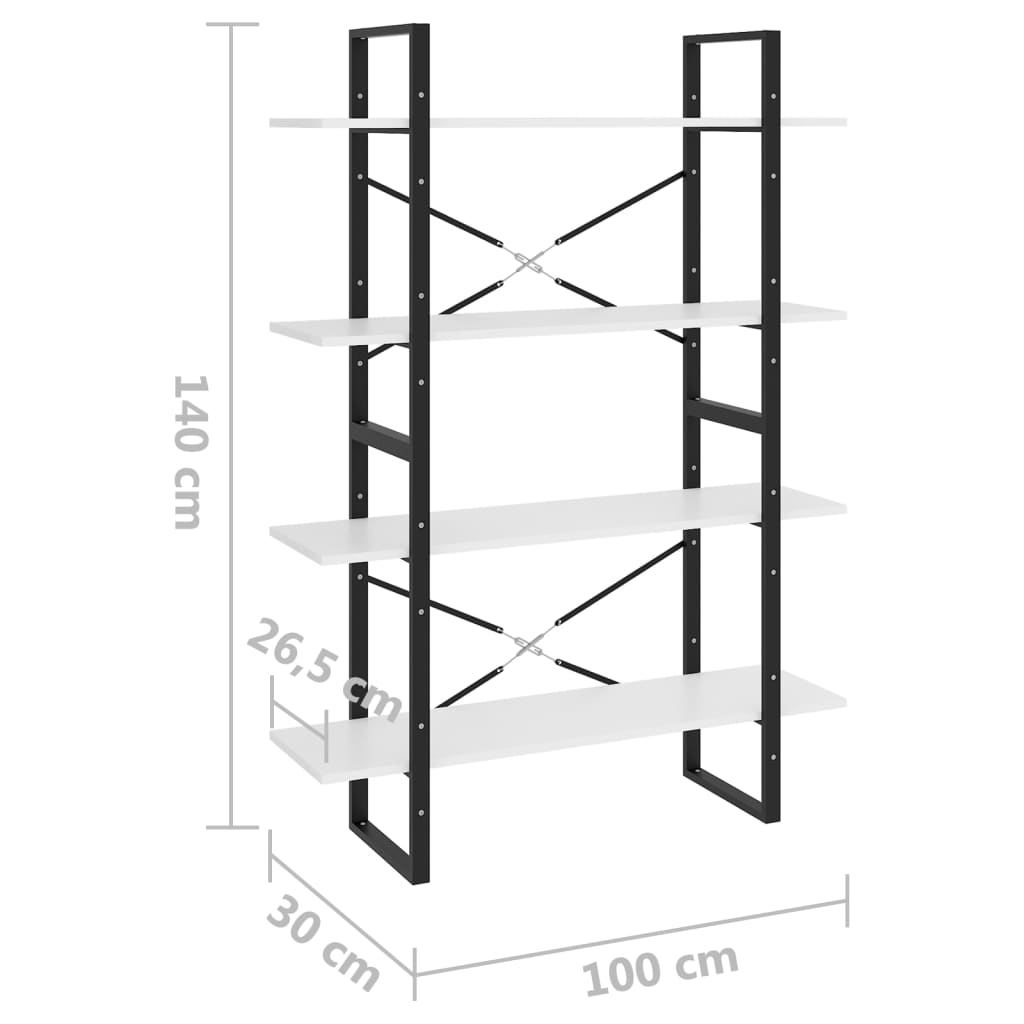 Bookcase, 4-tier, white, 100x30x140cm, wood